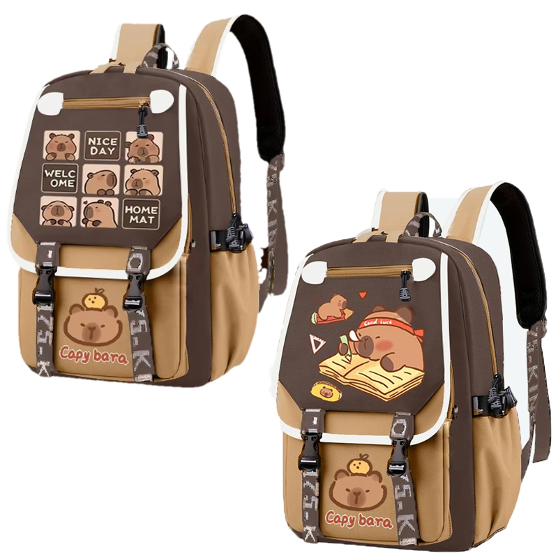School Backpack Teen - Kawaii Capybara สไตล์สีกากีกระเป๋าเป้สะพายหลังเด็กโรงเรียนกระเป๋า Casual Daypack วัยรุ่นเด็กผู้หญิงไหล่กระเป๋าเด็กกระเป๋านักเรียนกระเป๋าเป้สะพายหลัง