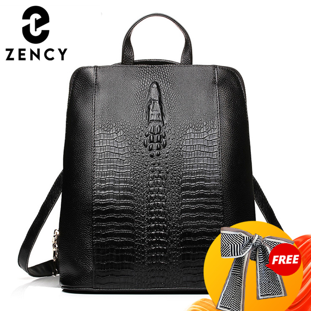 Fashion Backpack Women - Zency 100% เป้หนังแท้สำหรับผู้หญิง, กระเป๋าเป้สะพายหลังลายจระเข้สำหรับผู้หญิงกระเป๋านักเรียนใส่โน๊ตบุ๊คของเด็กผู้หญิงกระเป๋าเดินทางคุณภาพสูง